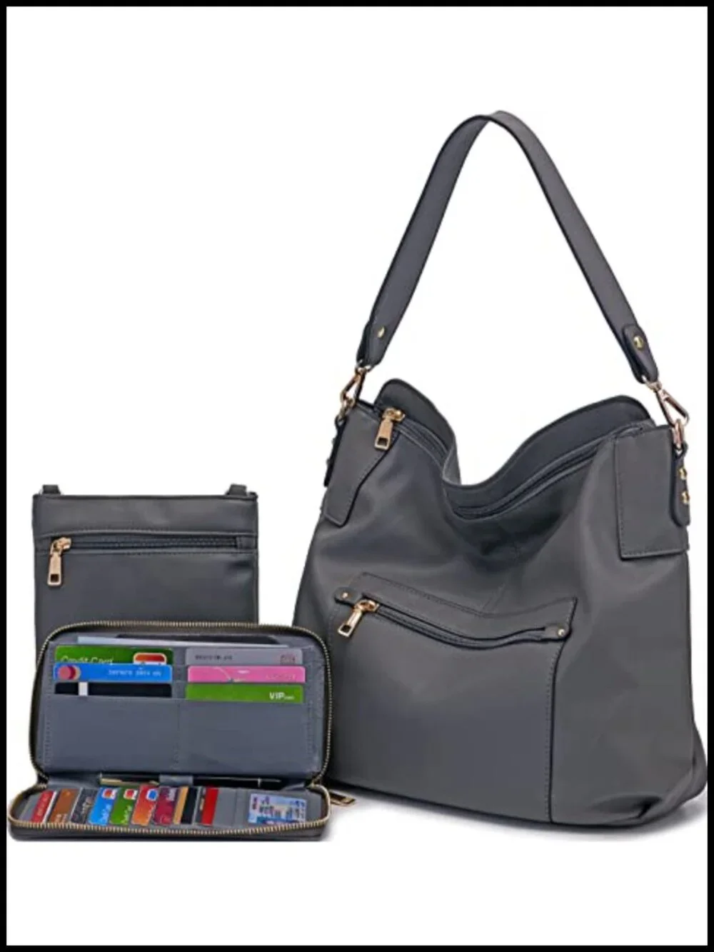 Large Crossbody Hobo Purse and Wallet Set - Faux Leather, RFID Blocking